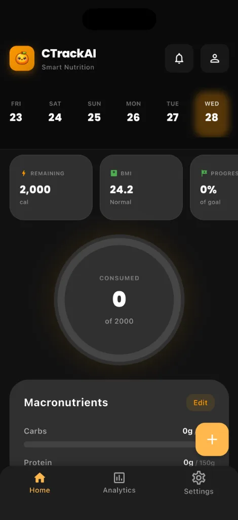 CTrackAI home screen with calories remaining, the daily calorie ring and macronutrients
